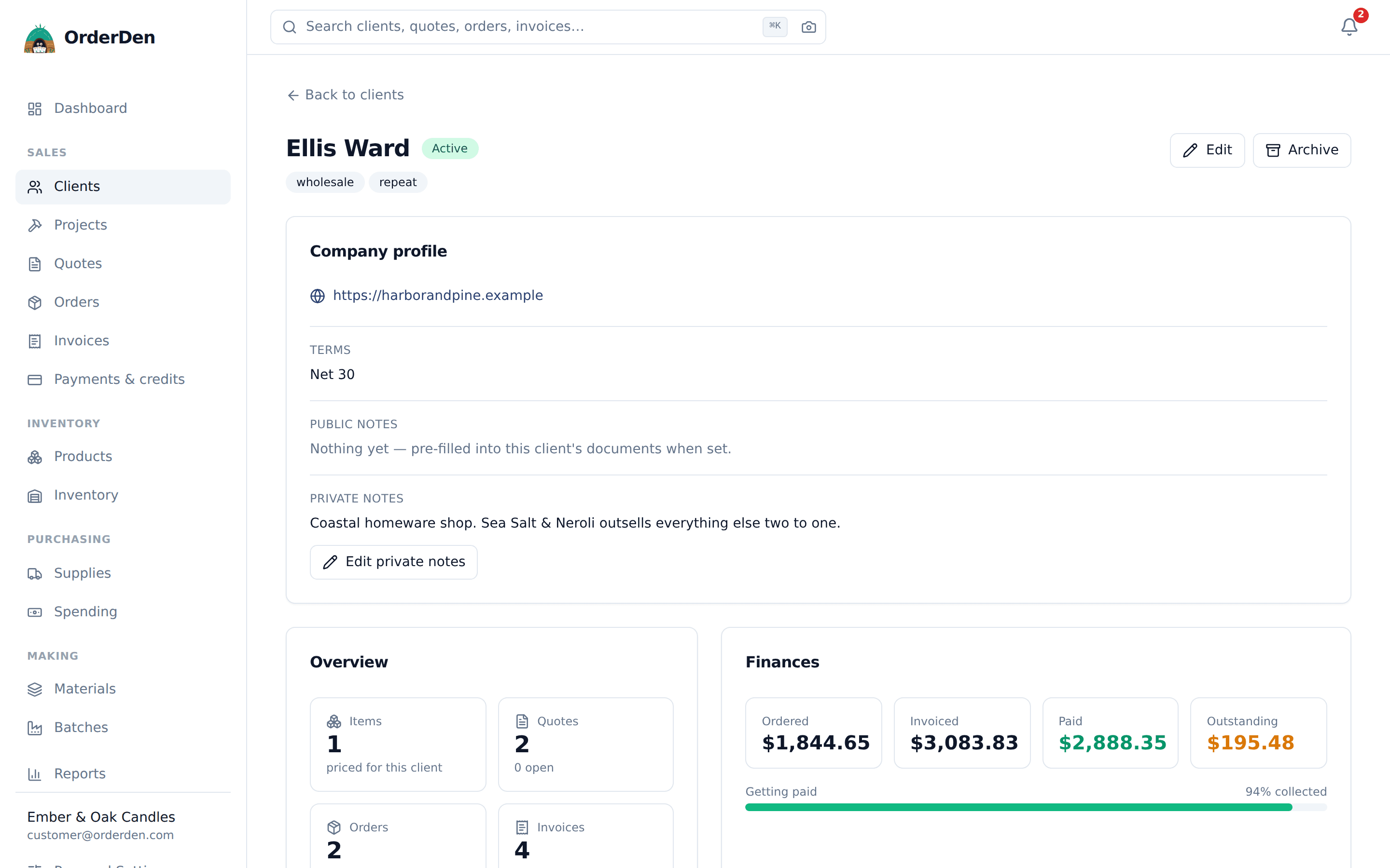 An OrderDen client page with overview rollup and activity