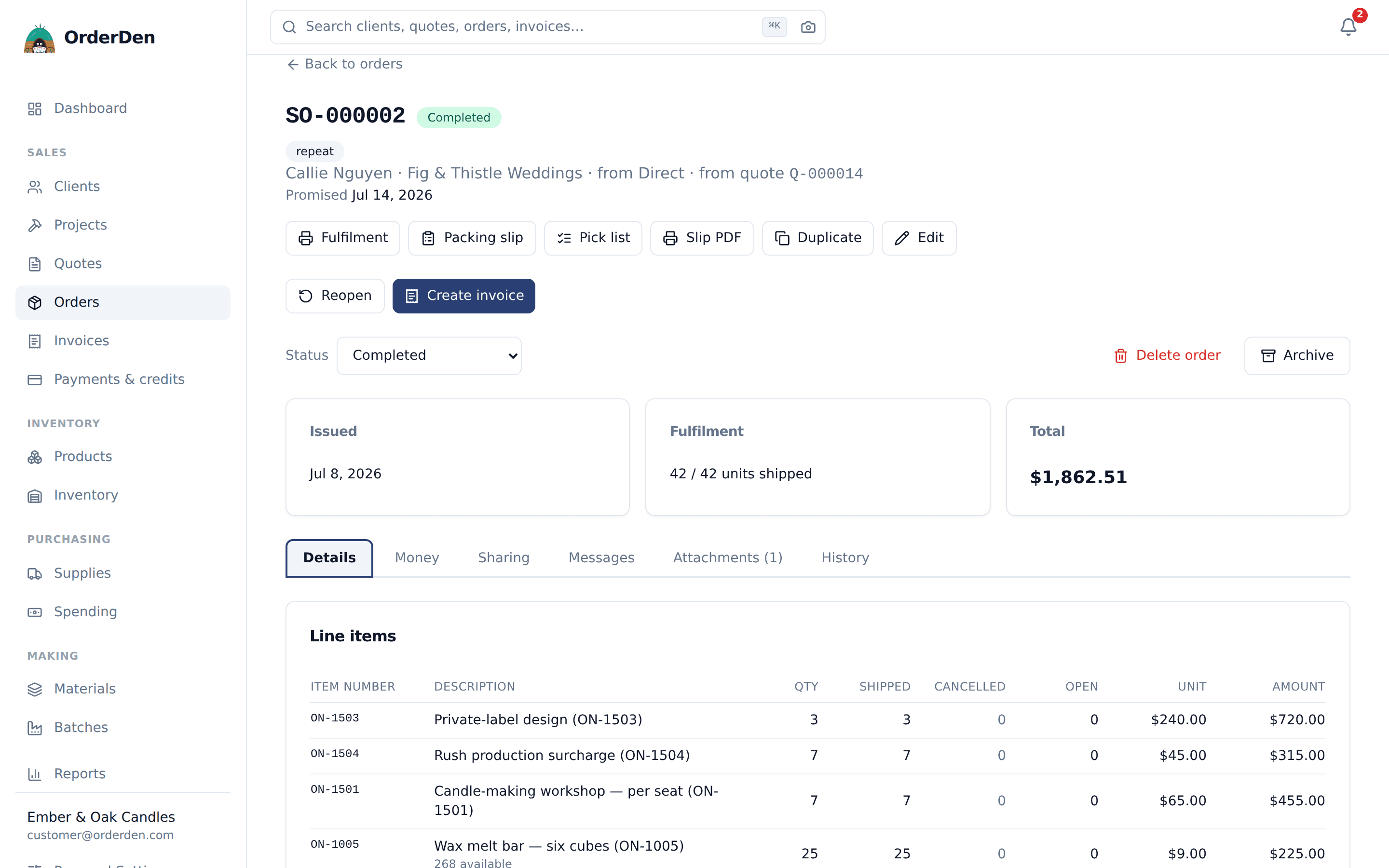 An OrderDen order with shipments and tracking