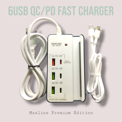Maxline 30W Super Fast 6 USB Travel Charger – Model: ML-336 SF (QC/PD 3400mA)